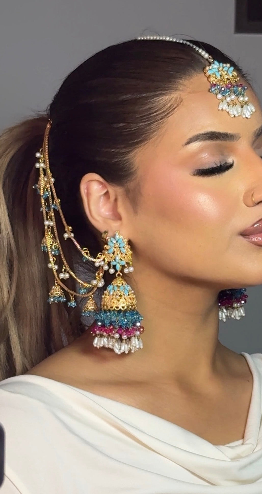 Qudsia earring & tikka set ~Ferozi & Fuschia