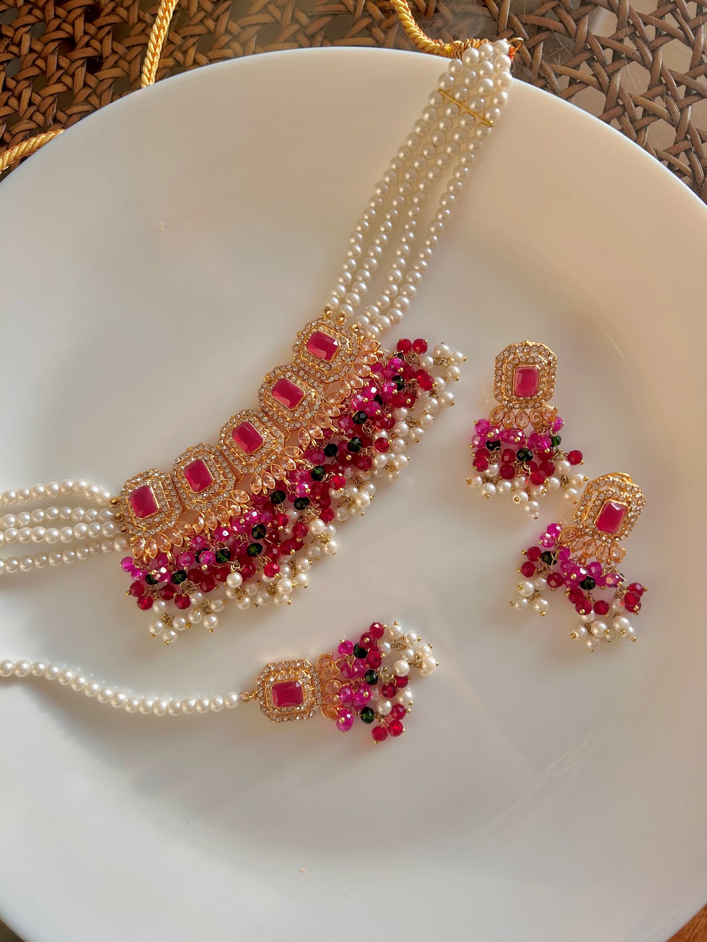 Minahil jewellery set - Dark Pink , Green & Red