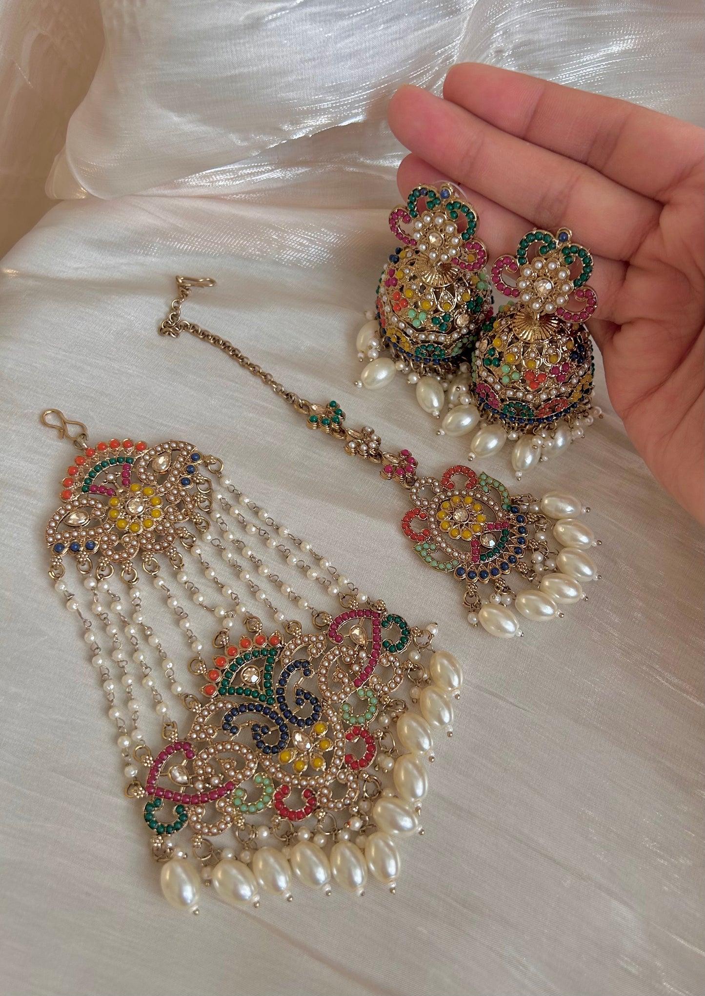 Afroza jhumar set ~ Pearl Multi