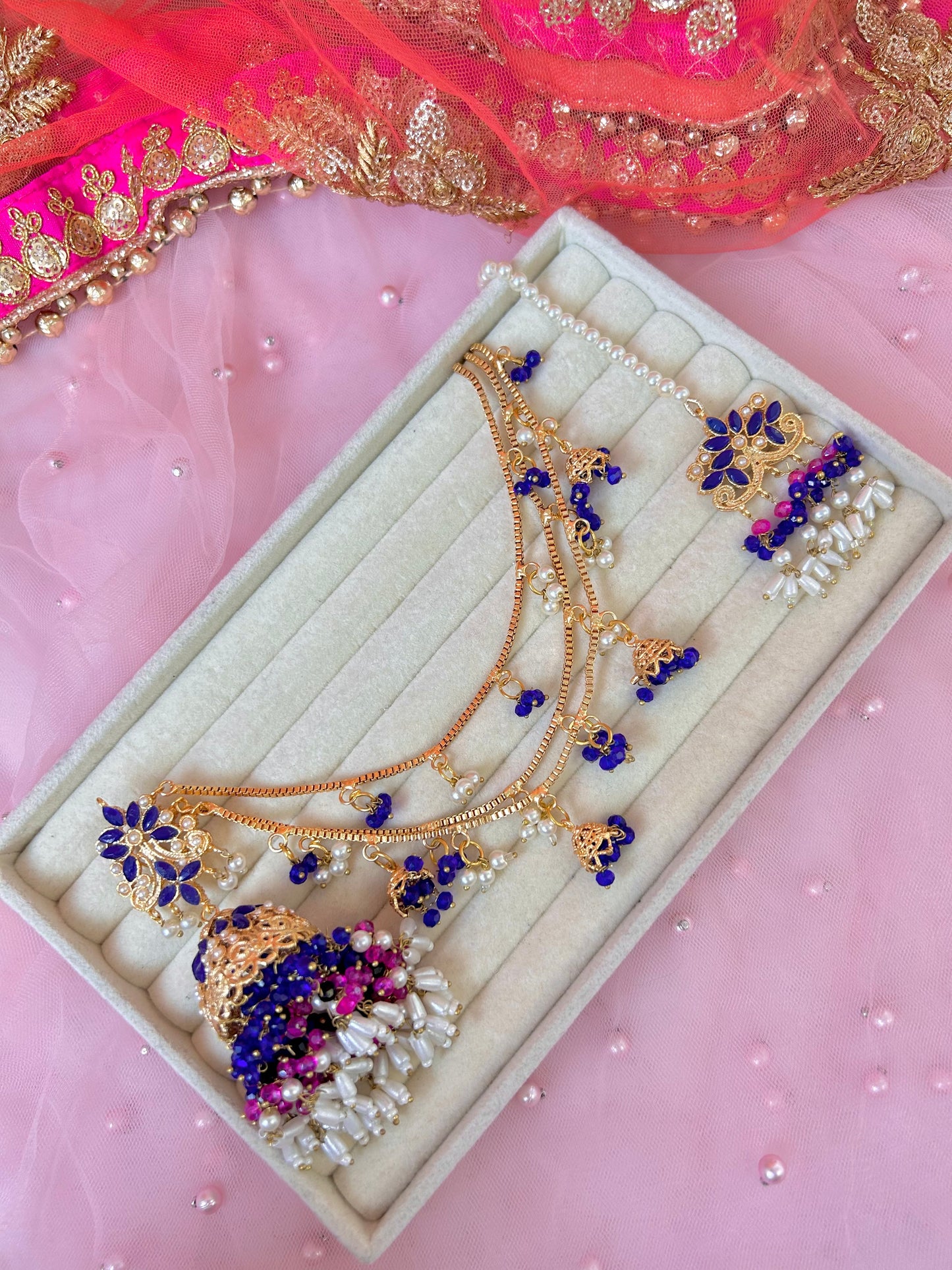 Qudsia earring & tikka set ~Royal Blue & Pink