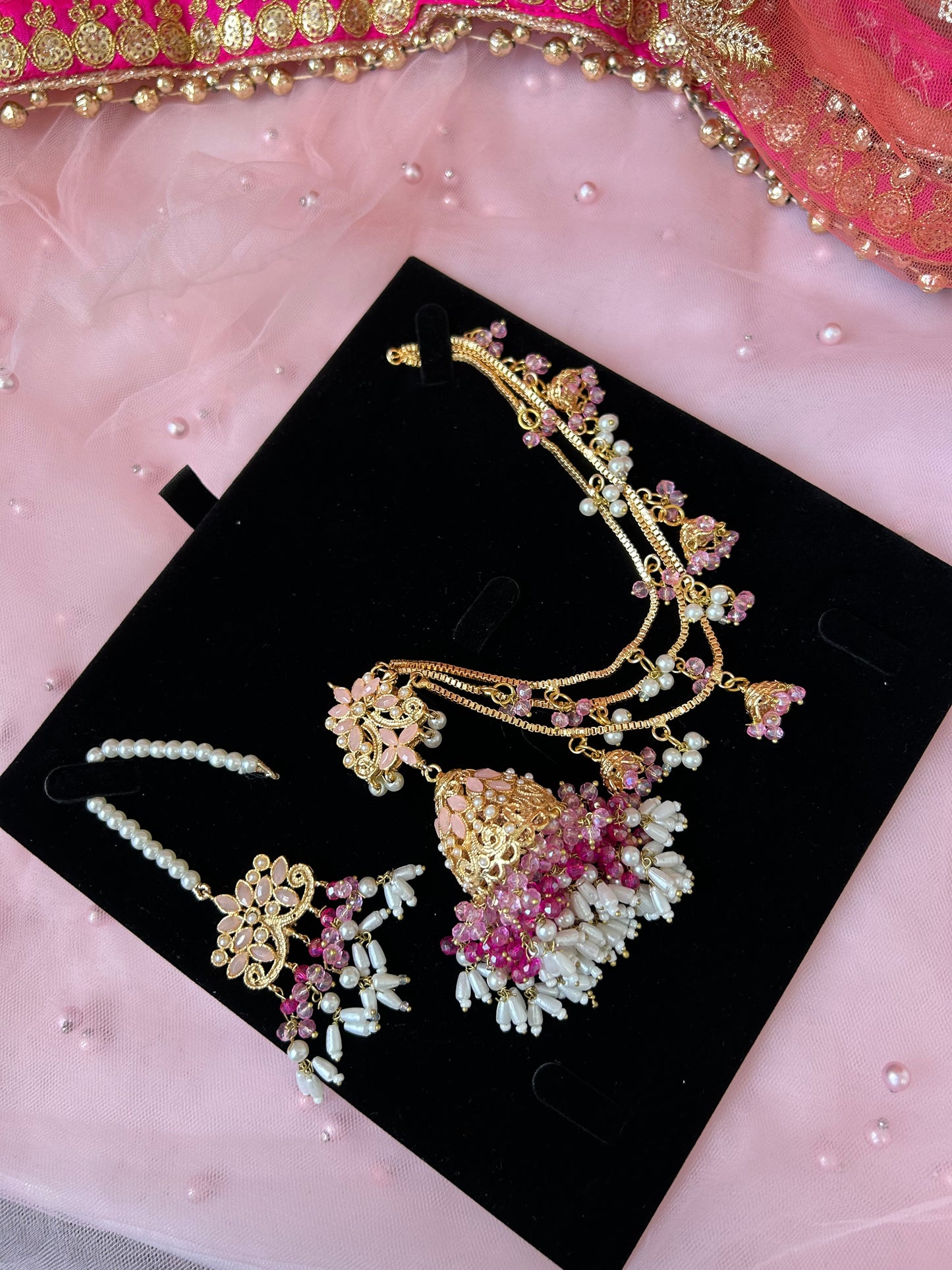 Qudsia earring & tikka set ~Pink shades