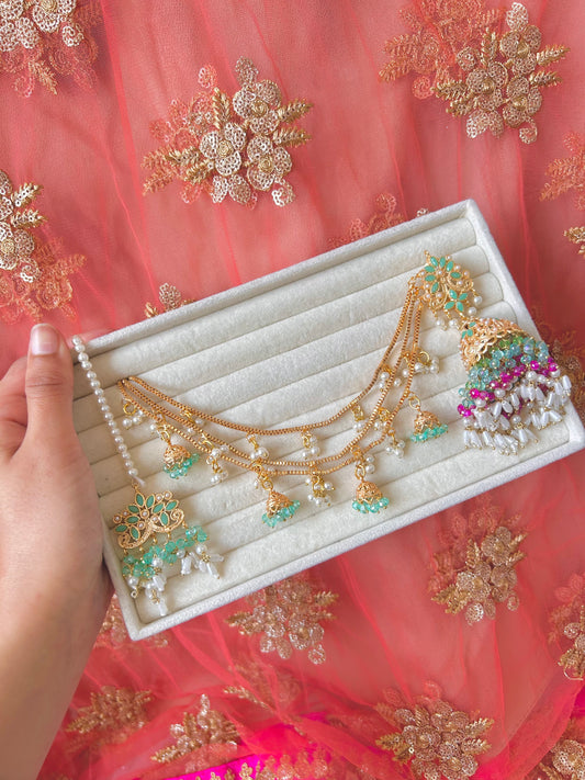 Qudsia earring & tikka set ~Mint & Fuschia