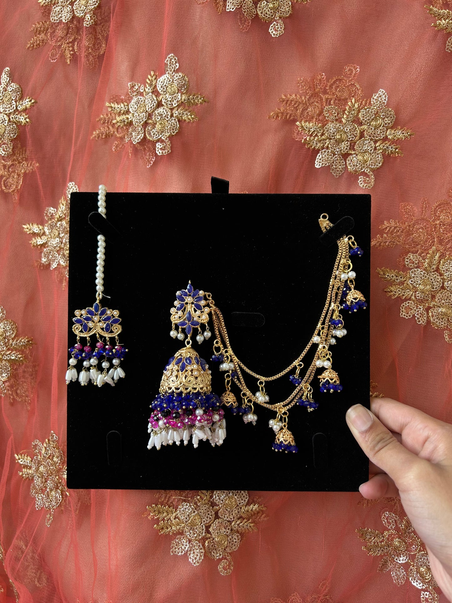 Qudsia earring & tikka set ~Royal Blue & Pink