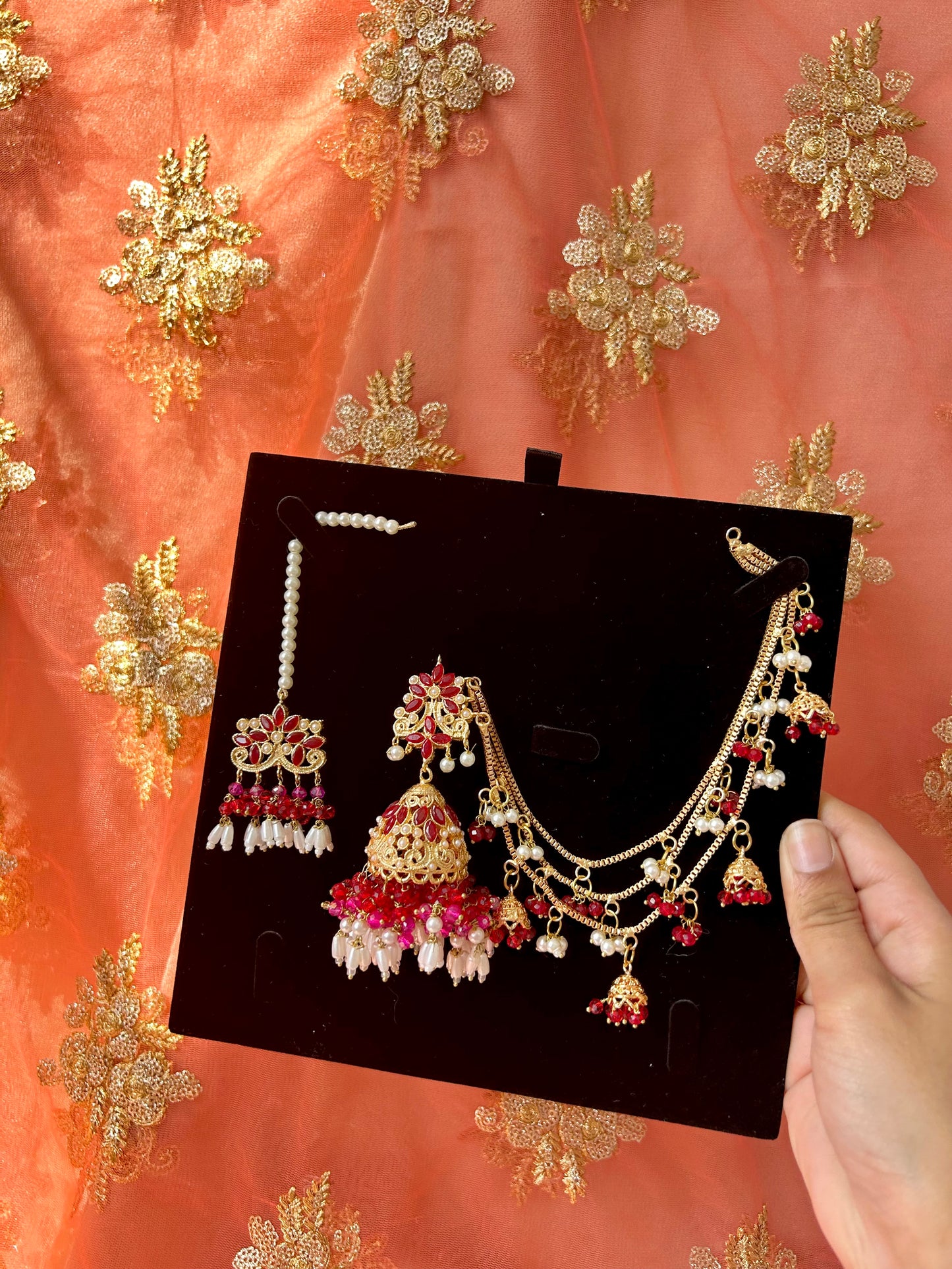 Qudsia earring & tikka set ~Maroon & Pink
