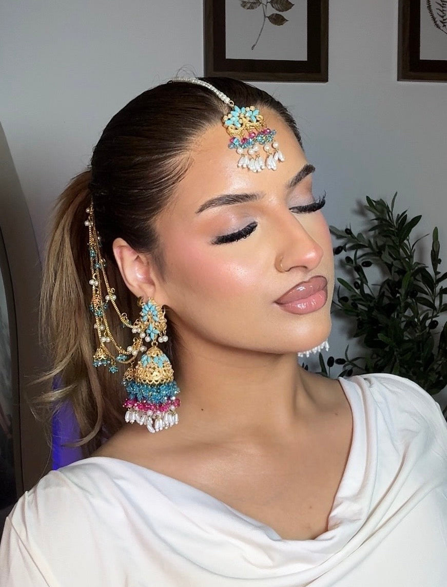Qudsia earring & tikka set ~Ferozi & Fuschia