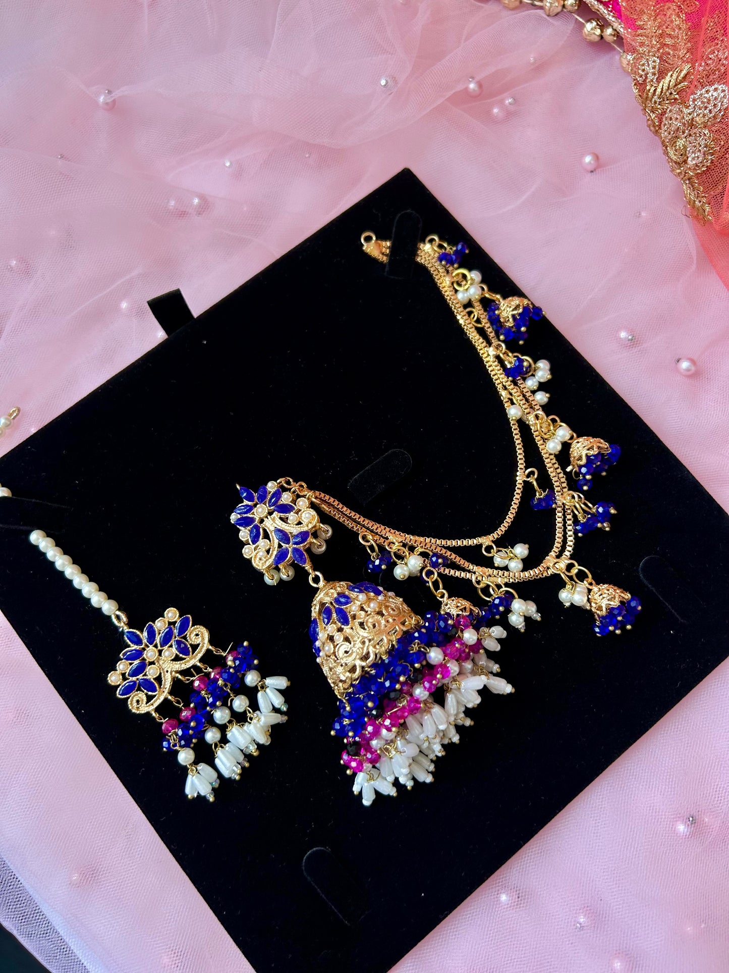 Qudsia earring & tikka set ~Royal Blue & Pink