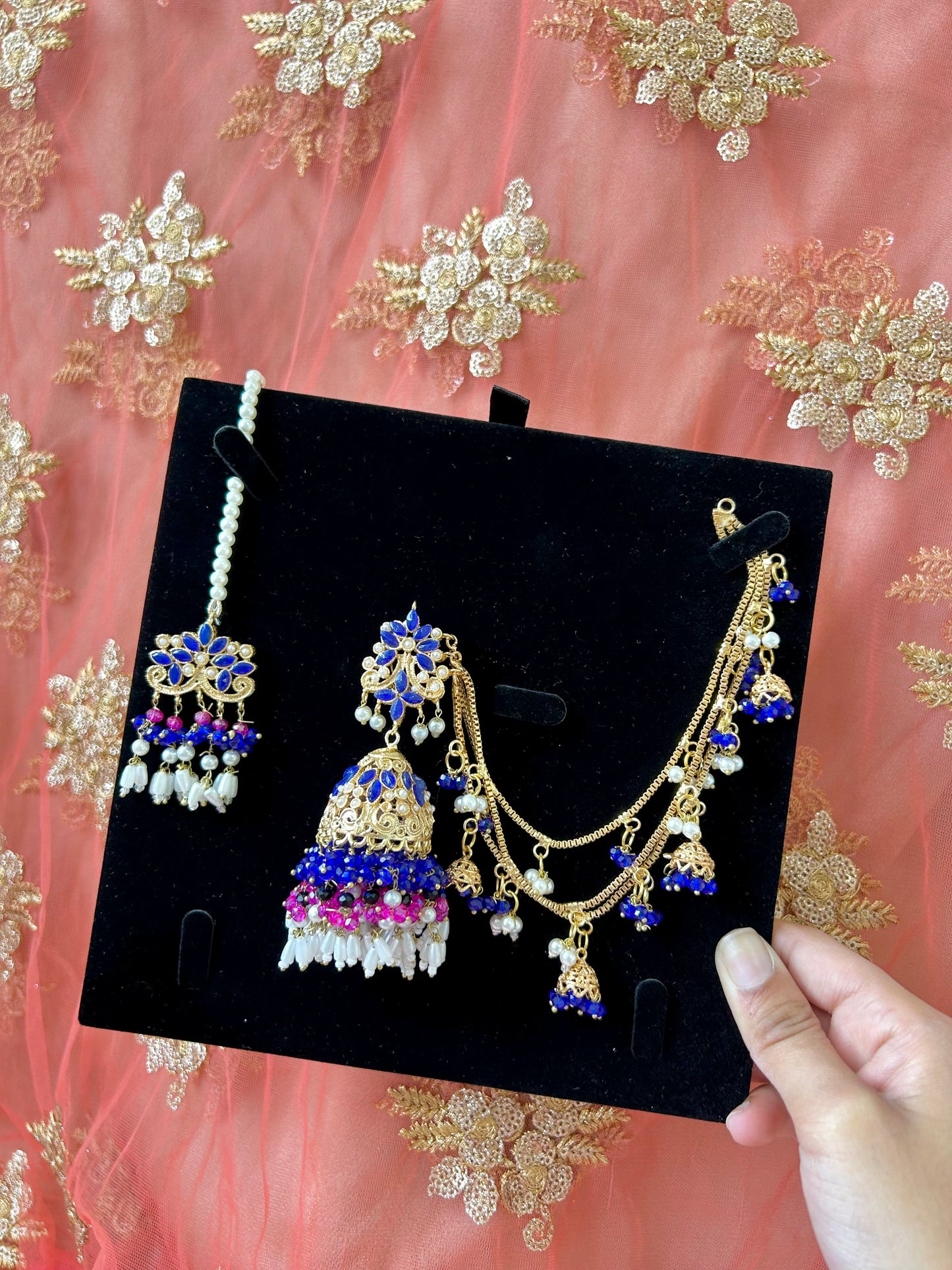 Qudsia earring & tikka set ~Royal Blue & Pink