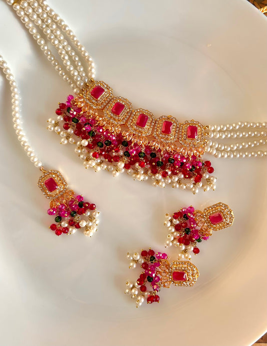 Minahil jewellery set - Dark Pink , Green & Red