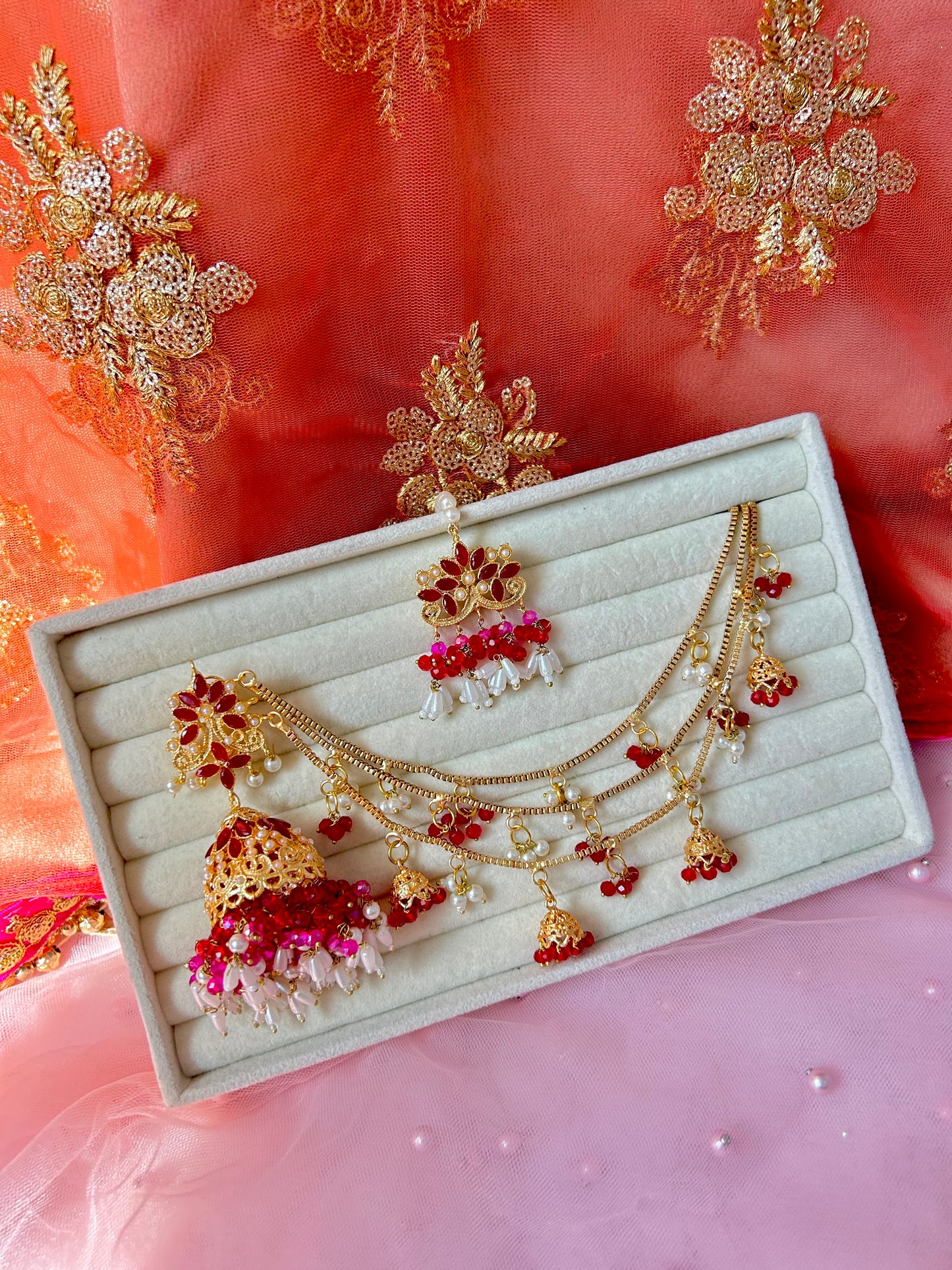 Qudsia earring & tikka set ~Maroon & Pink