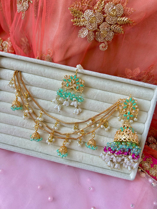 Qudsia earring & tikka set ~Mint & Fuschia