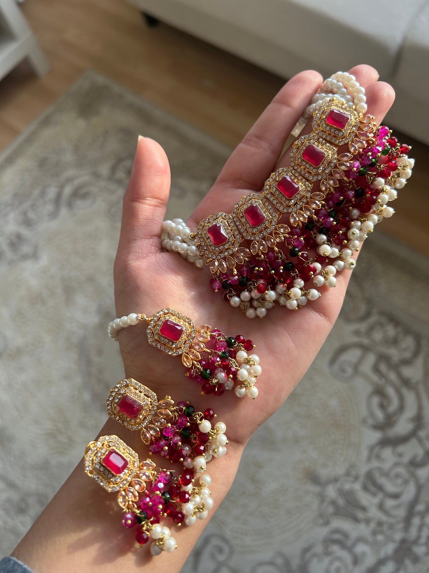 Minahil jewellery set - Dark Pink , Green & Red