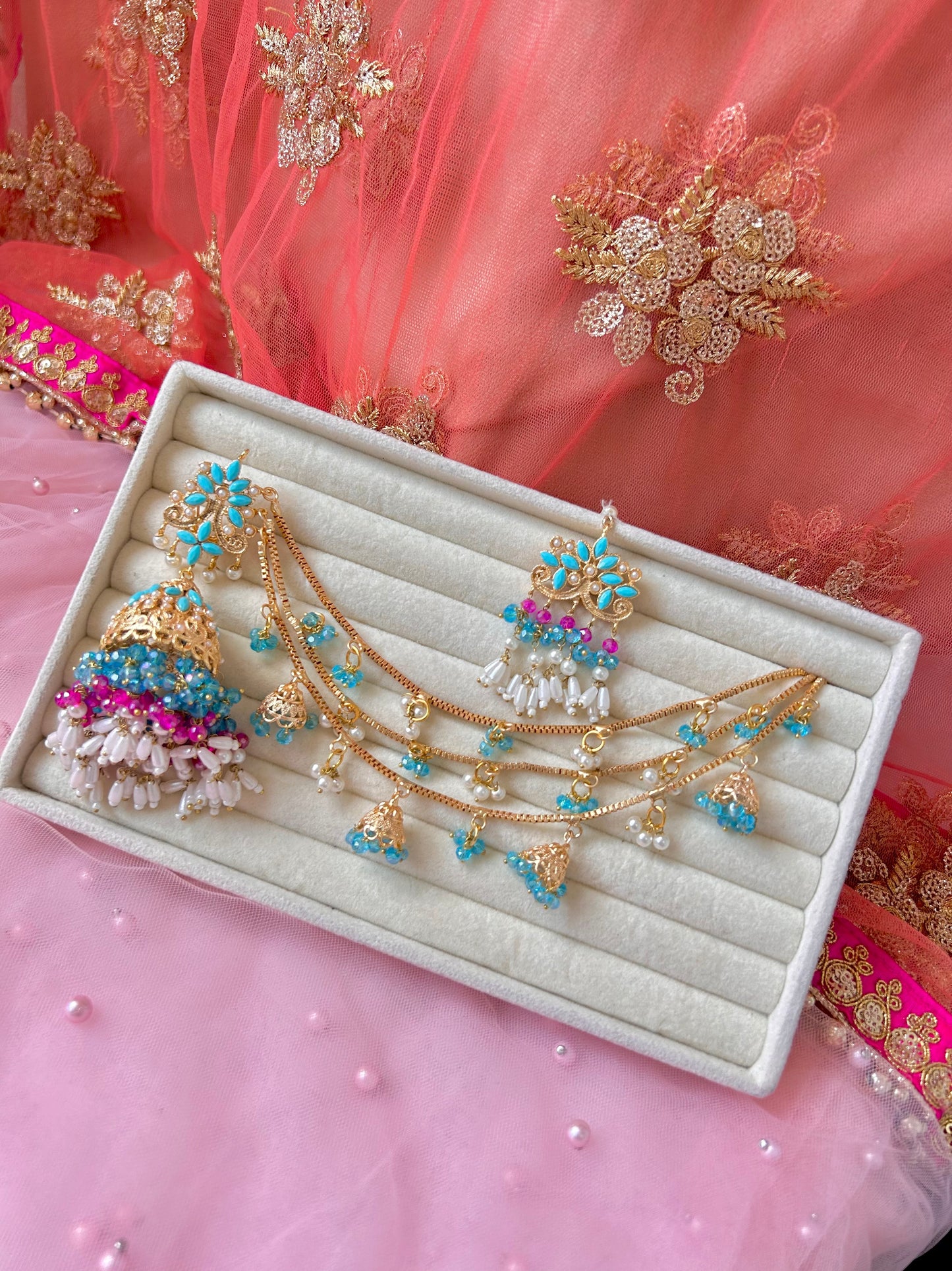 Qudsia earring & tikka set ~Ferozi & Fuschia
