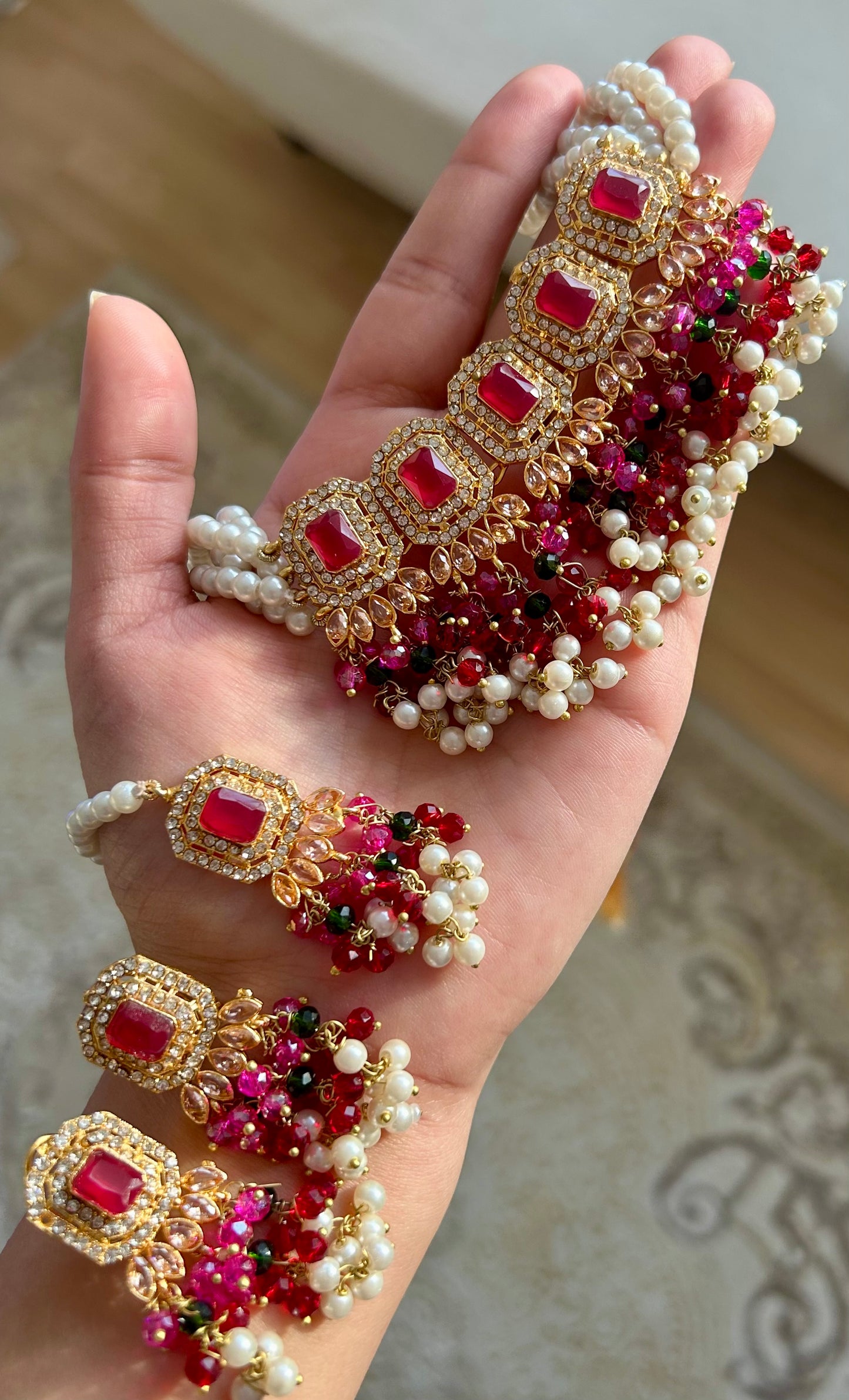 Minahil jewellery set - Dark Pink , Green & Red