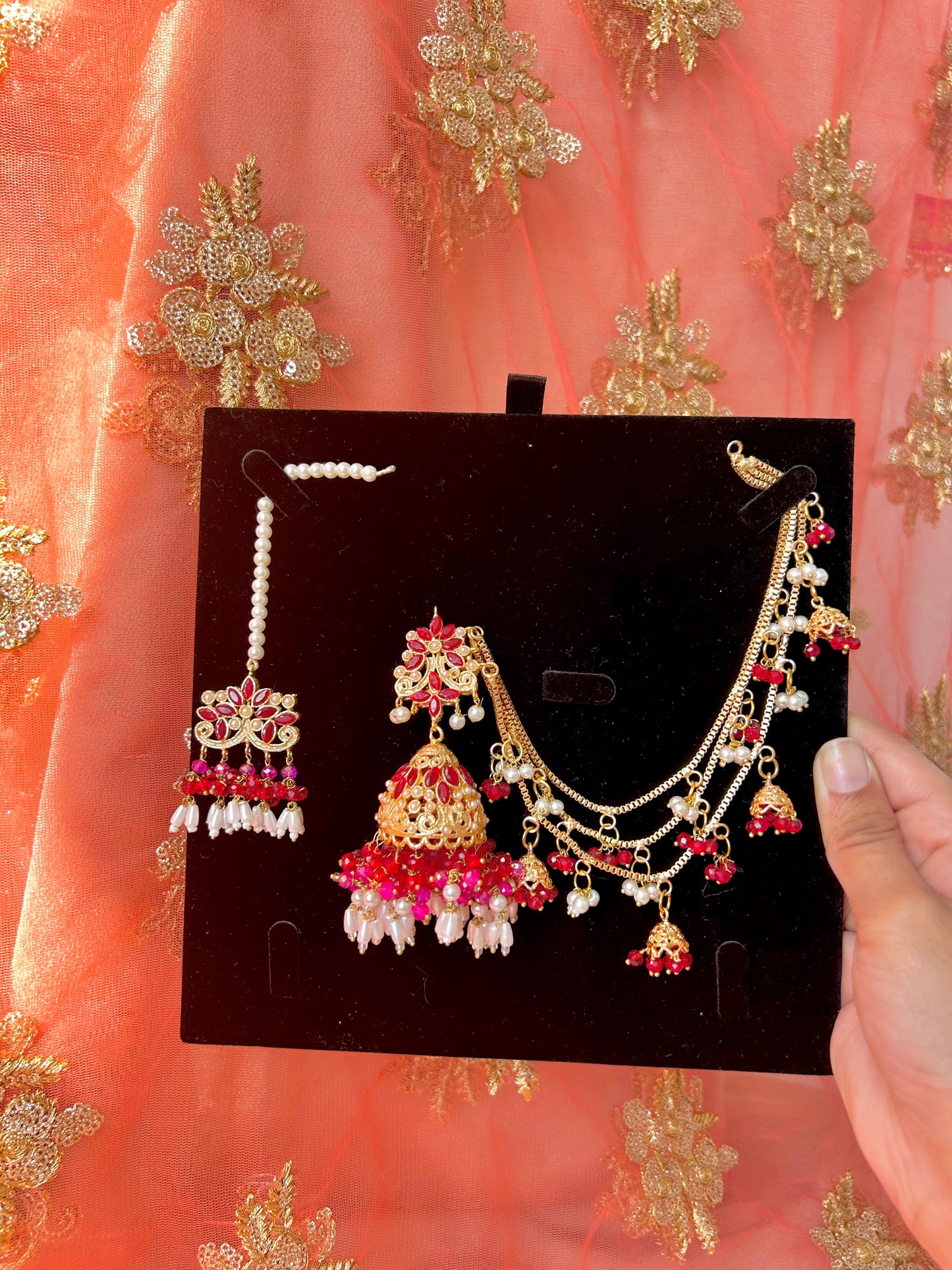 Qudsia earring & tikka set ~Maroon & Pink
