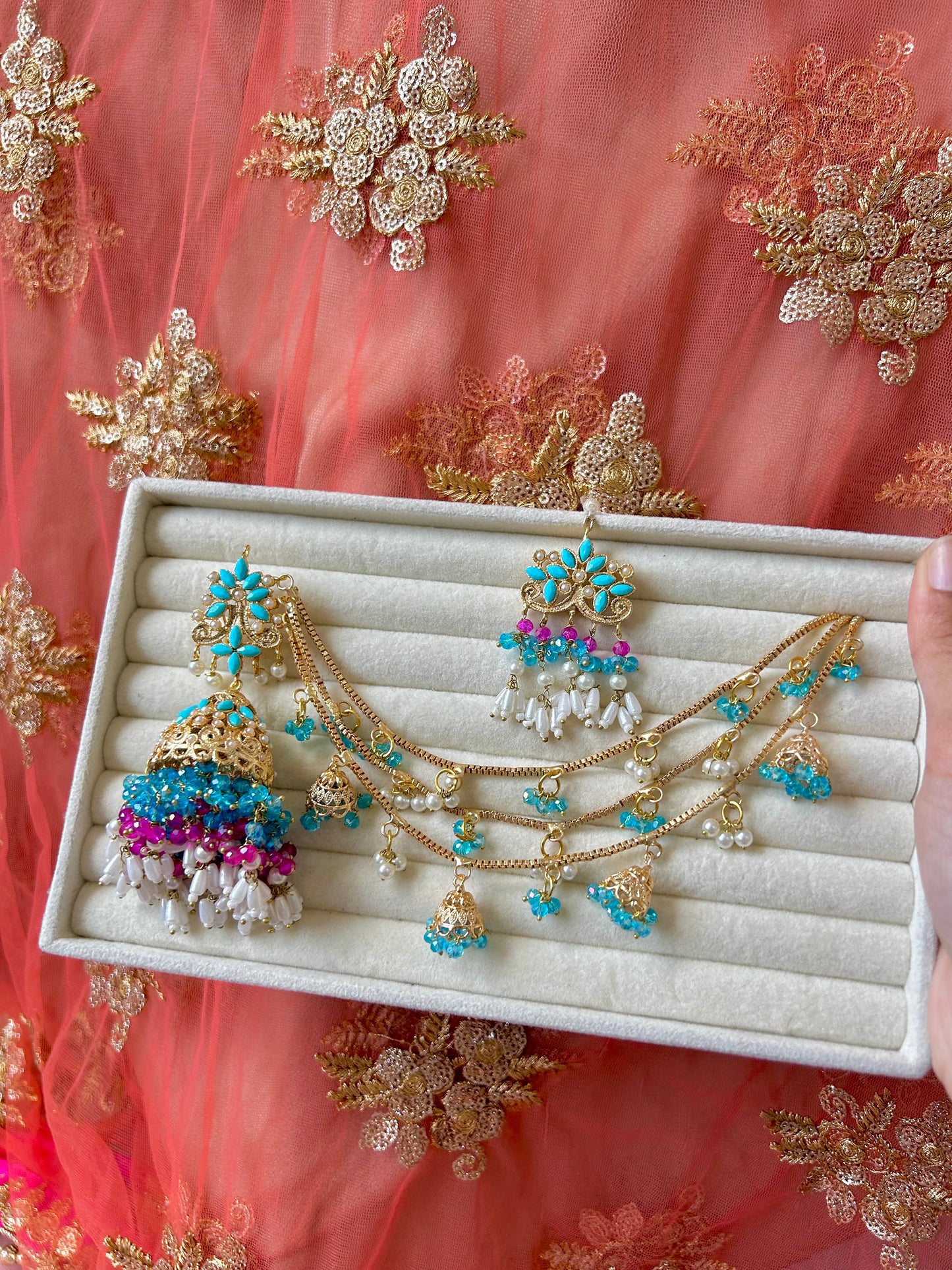 Qudsia earring & tikka set ~Ferozi & Fuschia