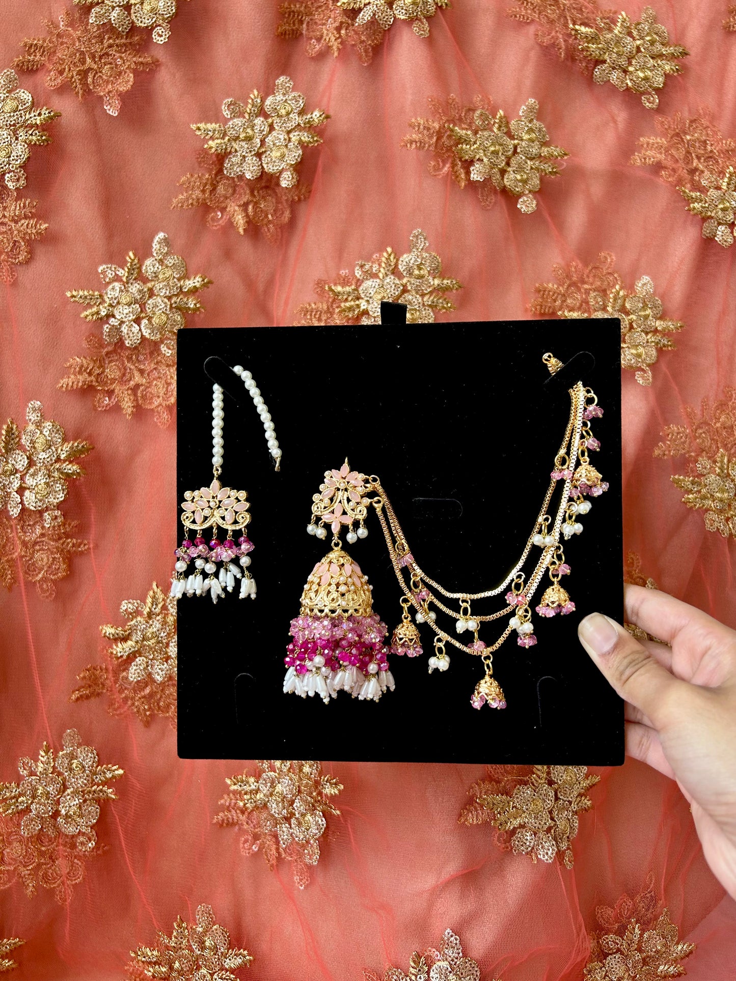 Qudsia earring & tikka set ~Pink shades