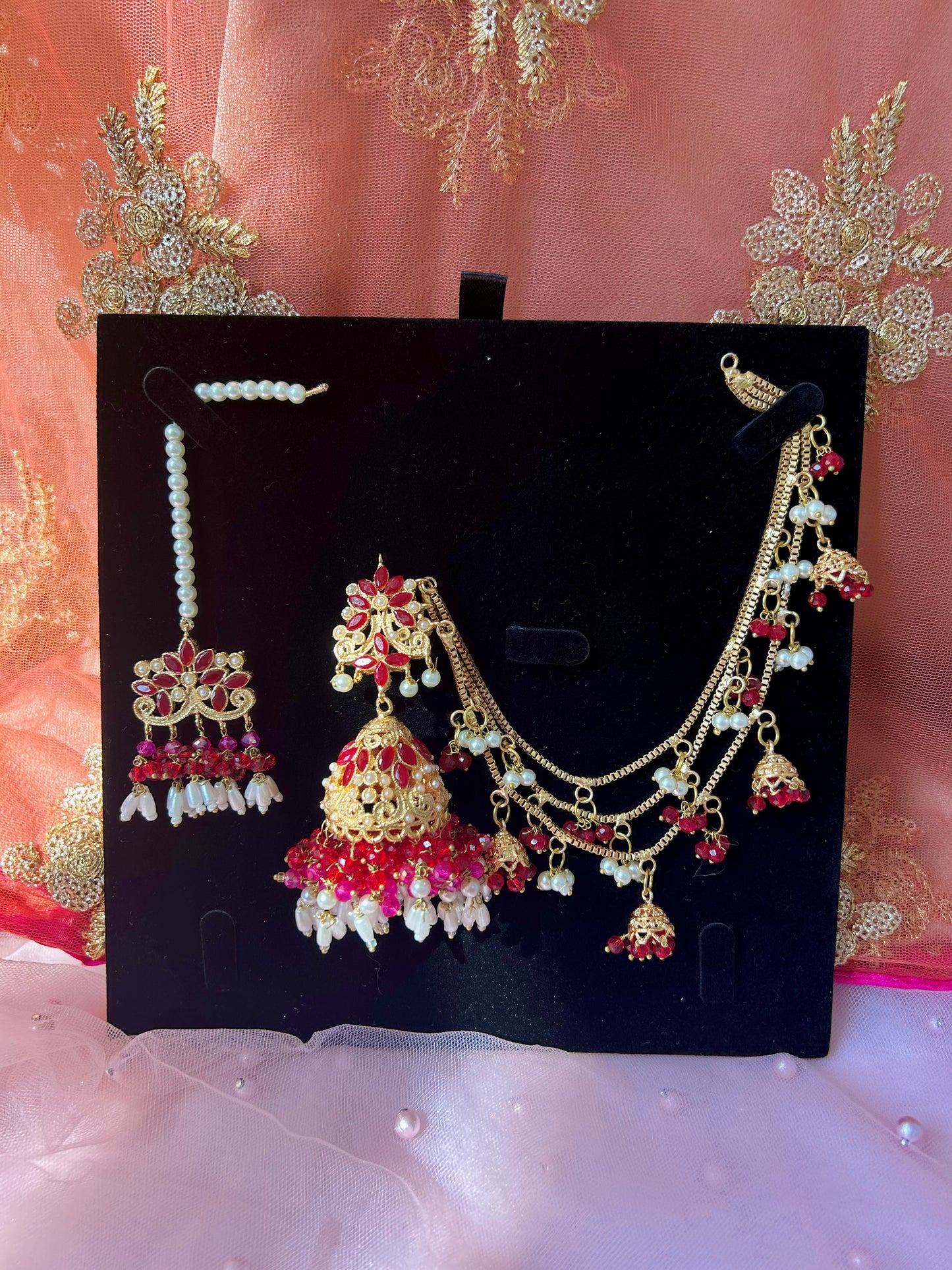 Qudsia earring & tikka set ~Maroon & Pink