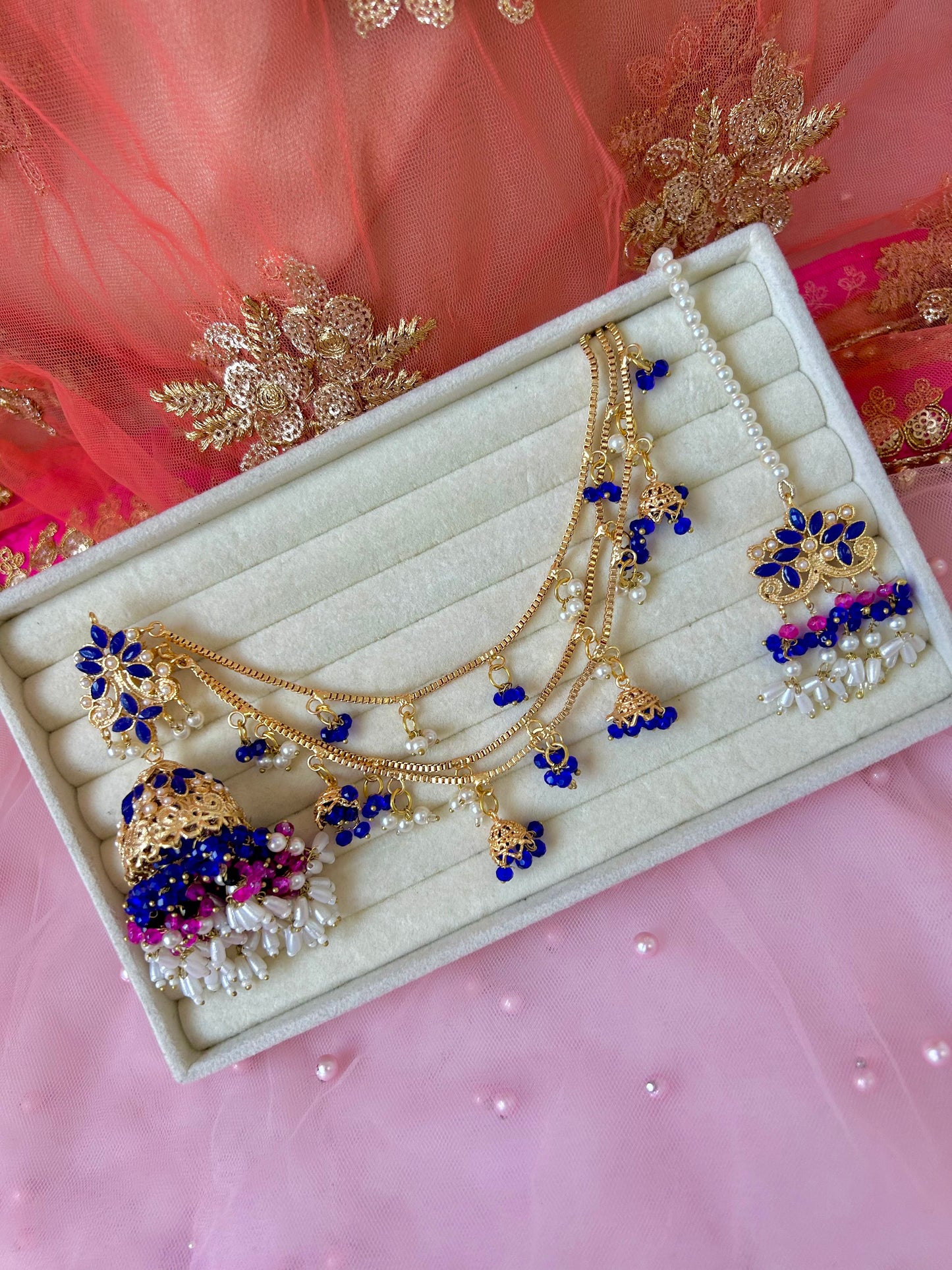Qudsia earring & tikka set ~Royal Blue & Pink