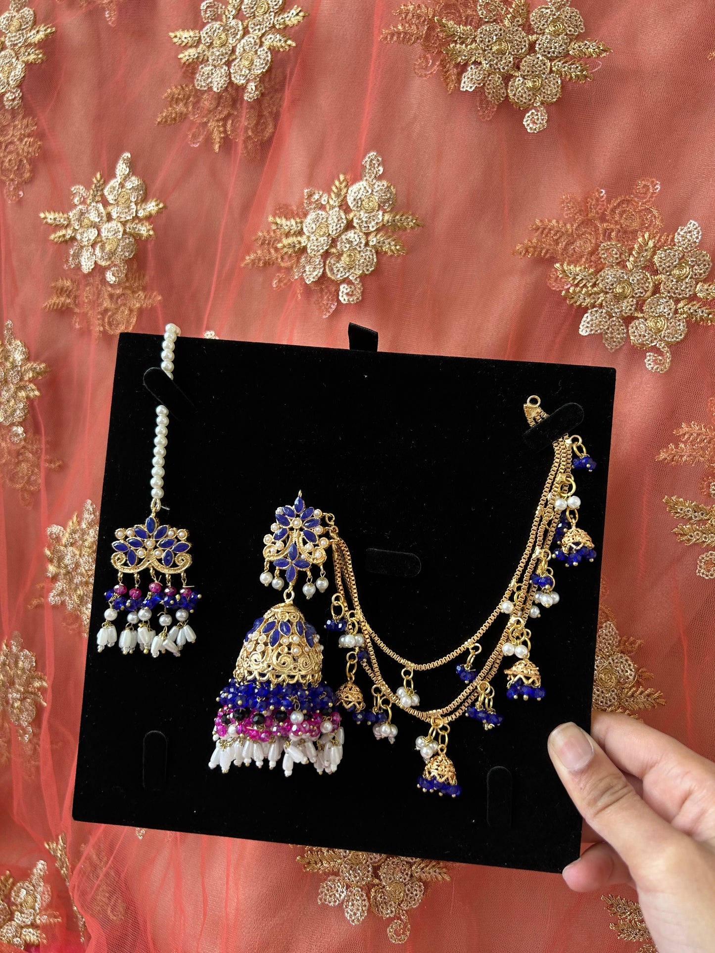 Qudsia earring & tikka set ~Royal Blue & Pink