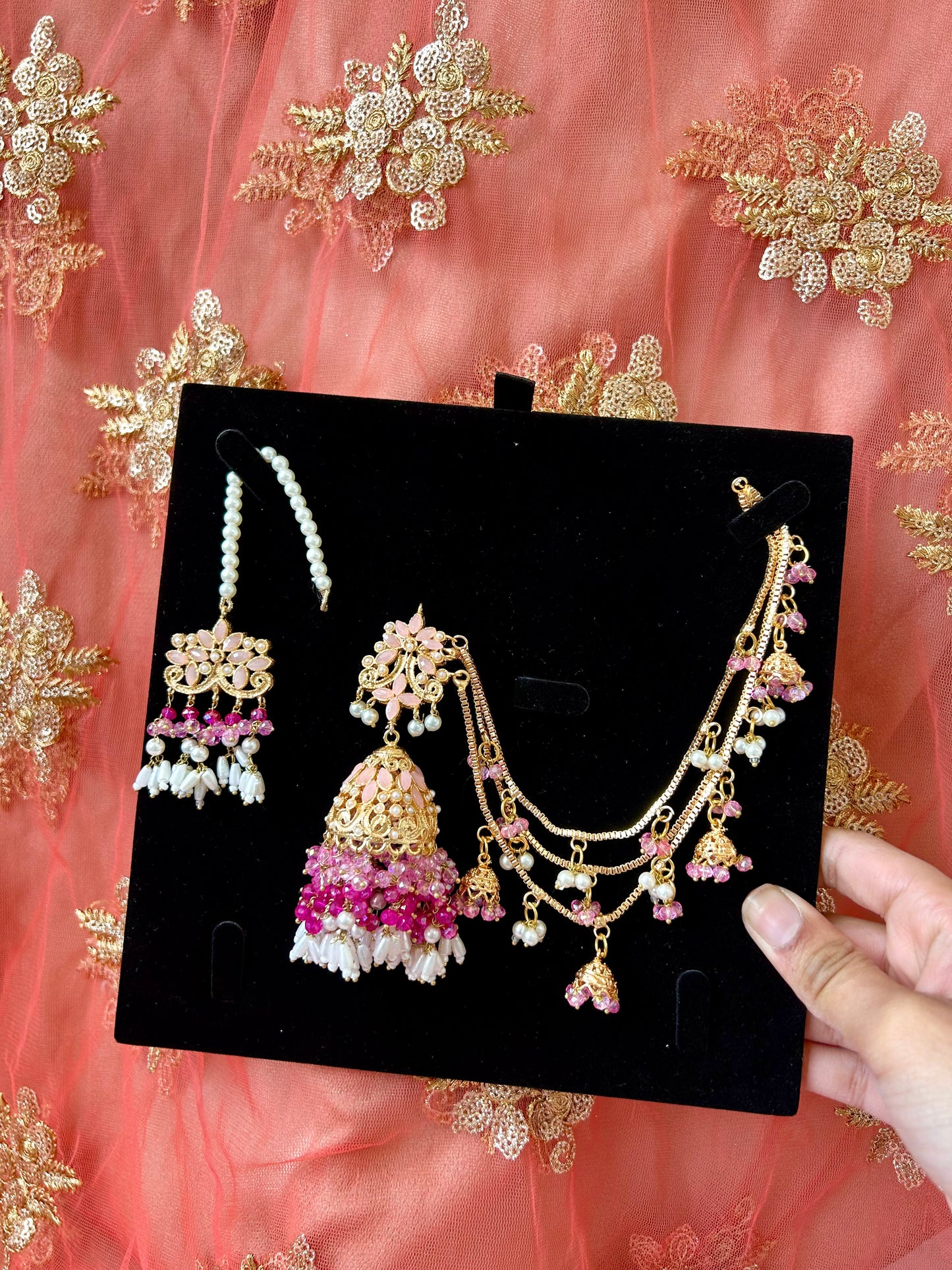 Qudsia earring & tikka set ~Pink shades