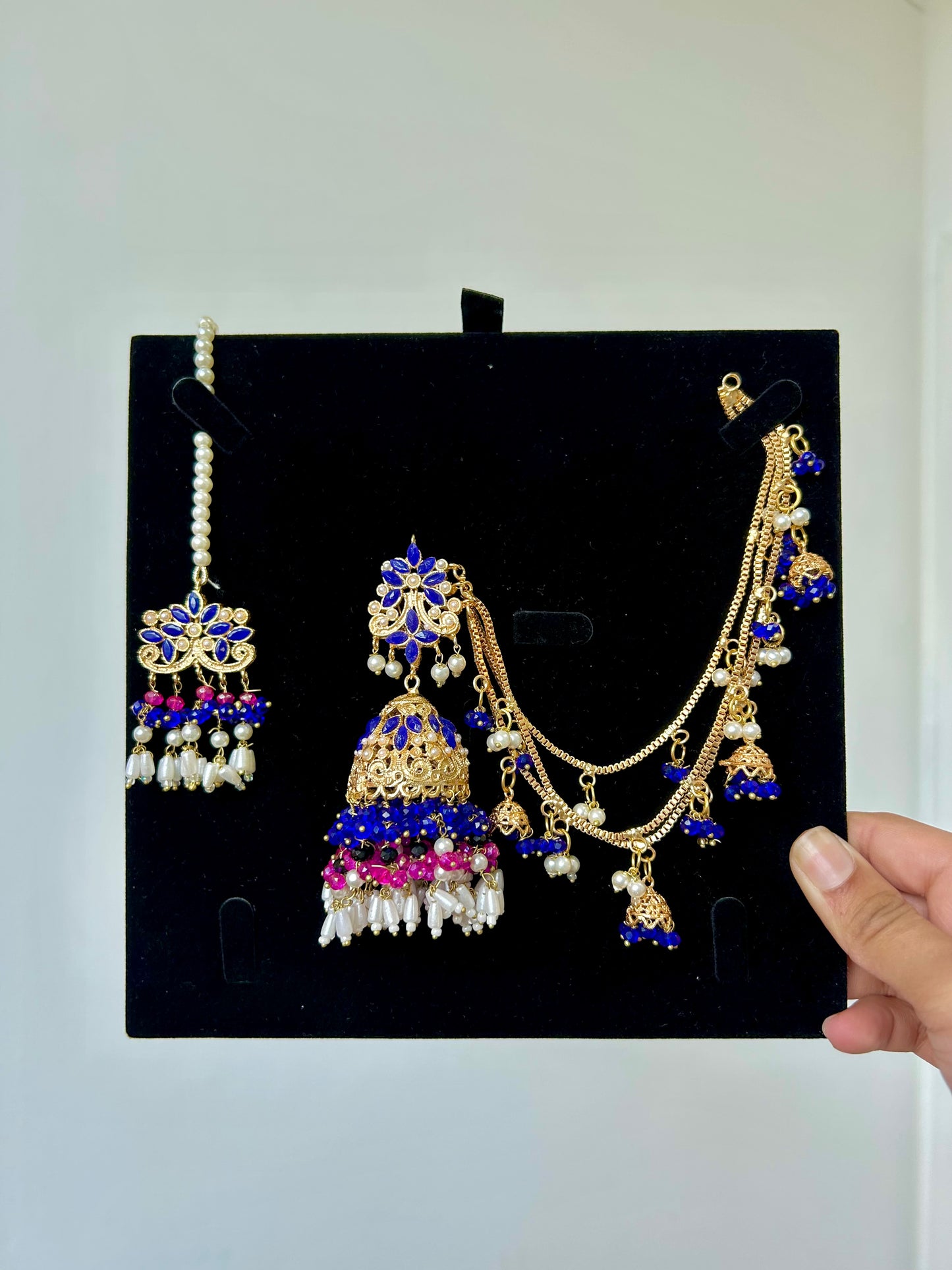 Qudsia earring & tikka set ~Royal Blue & Pink