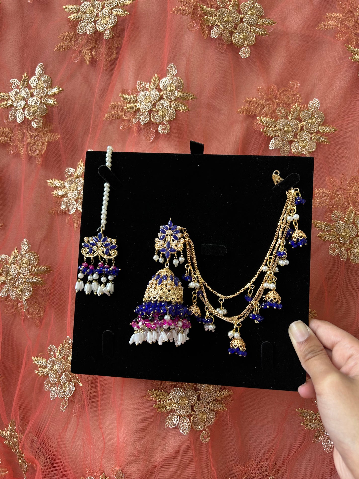 Qudsia earring & tikka set ~Royal Blue & Pink