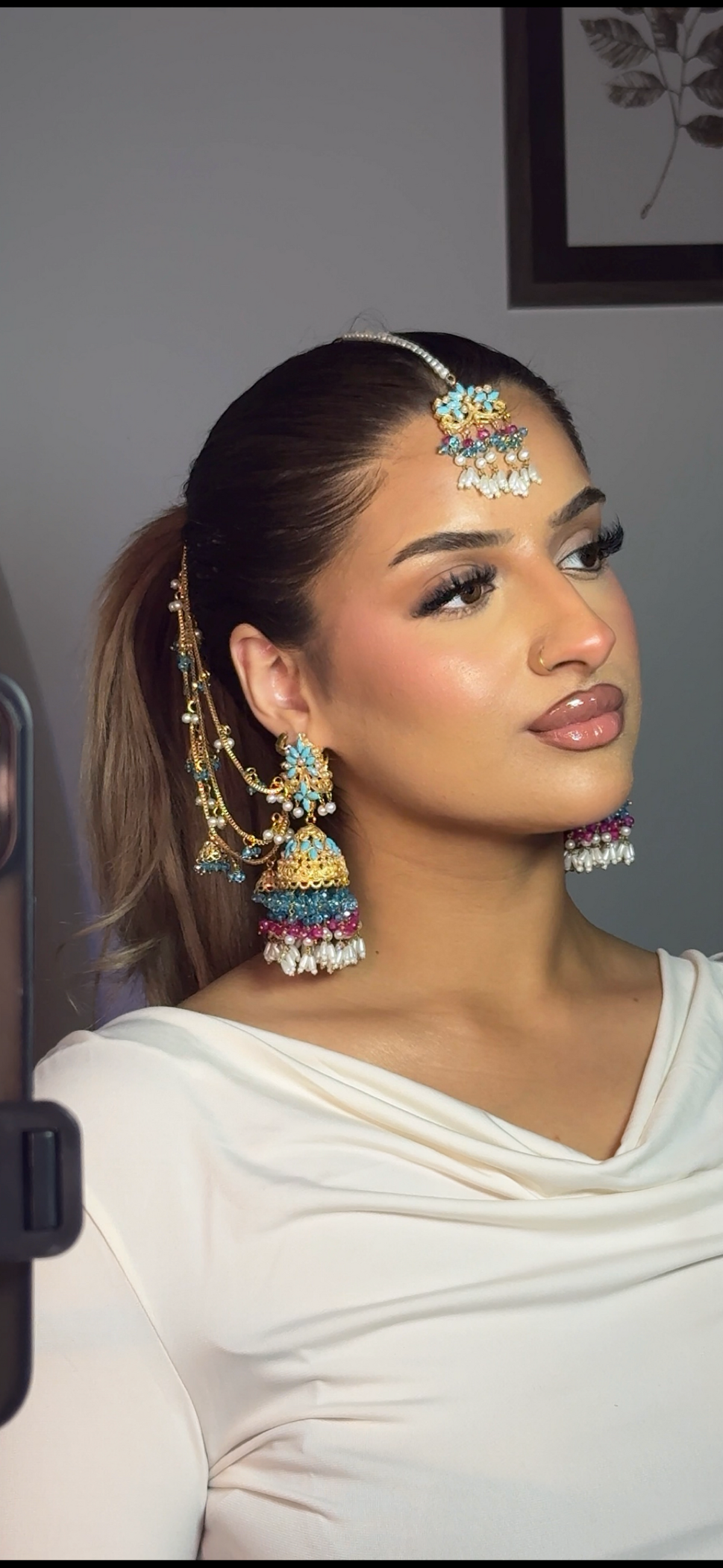 Qudsia earring & tikka set ~Ferozi & Fuschia