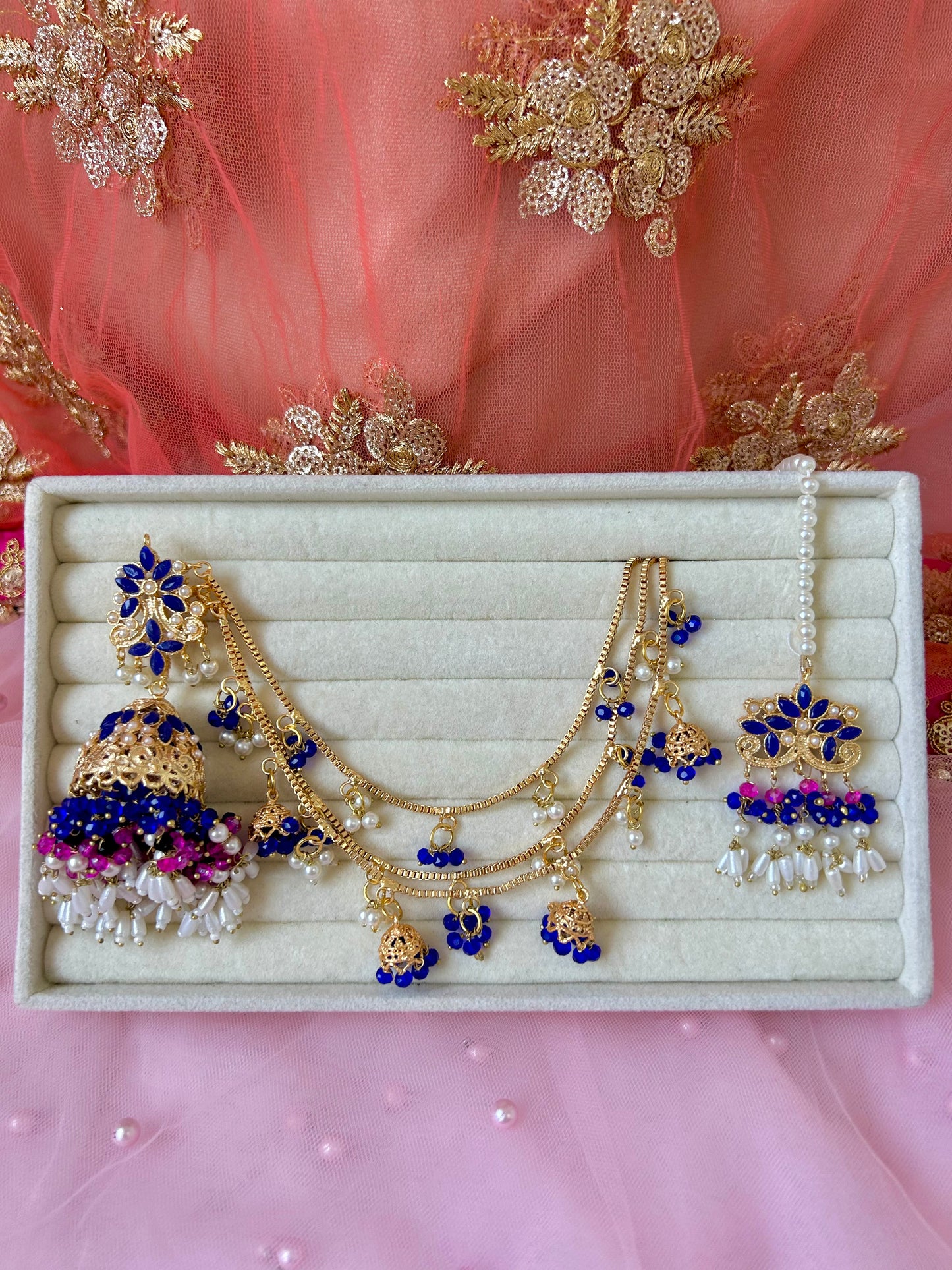 Qudsia earring & tikka set ~Royal Blue & Pink