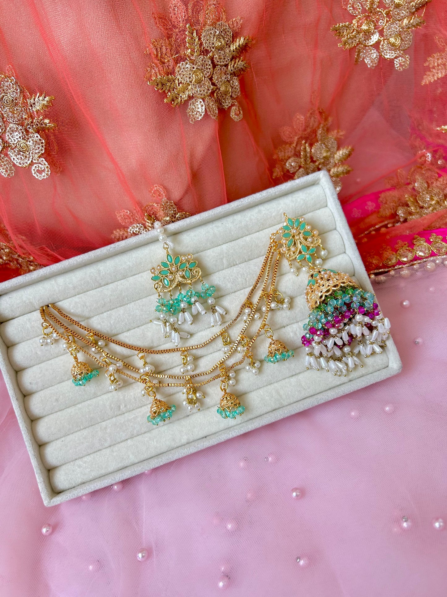 Qudsia earring & tikka set ~Mint & Fuschia