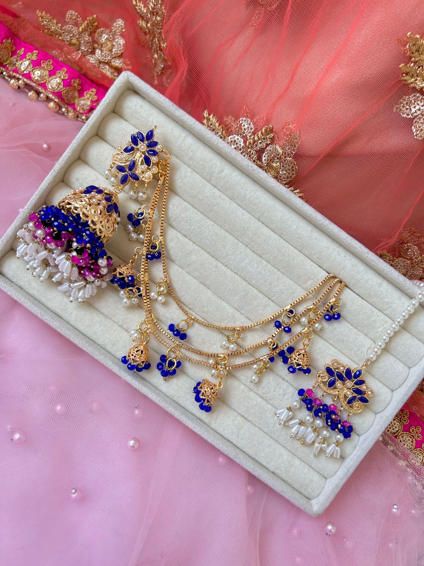 Qudsia earring & tikka set ~Royal Blue & Pink