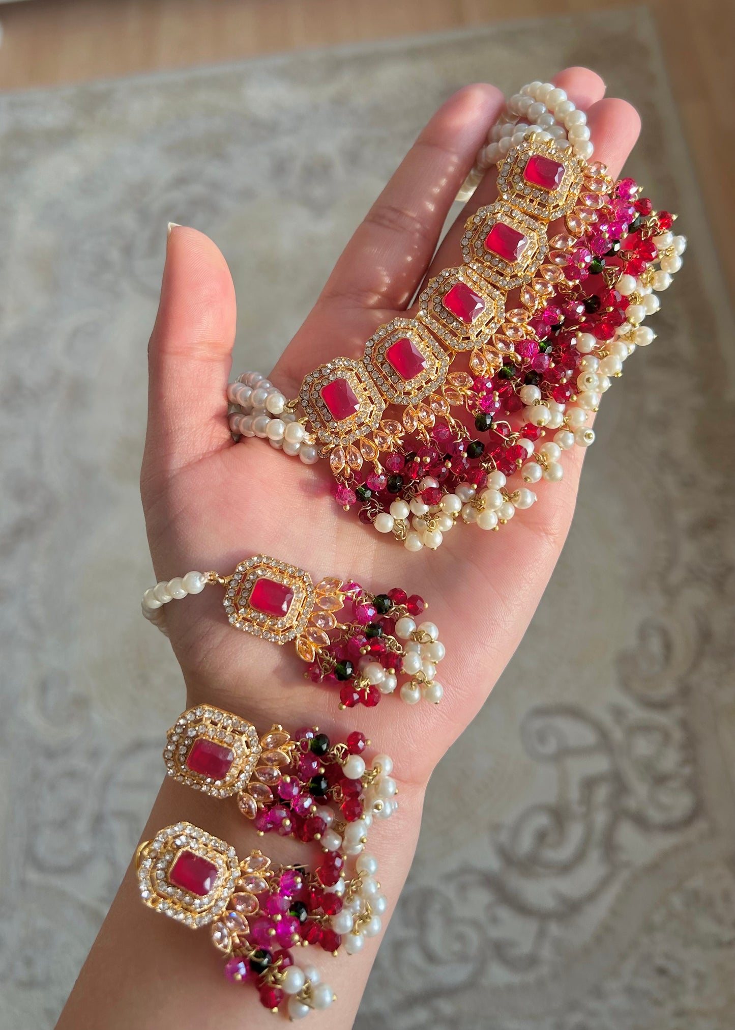 Minahil jewellery set - Dark Pink , Green & Red