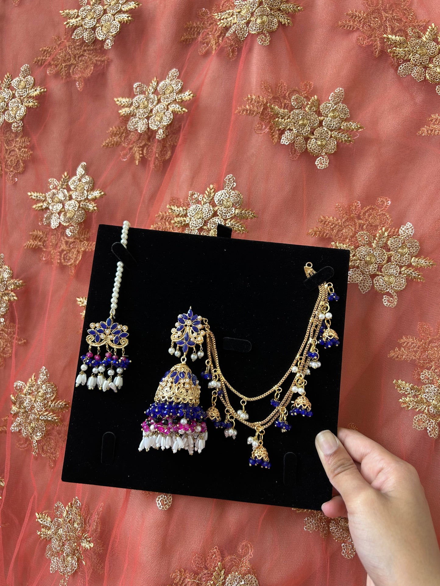 Qudsia earring & tikka set ~Royal Blue & Pink