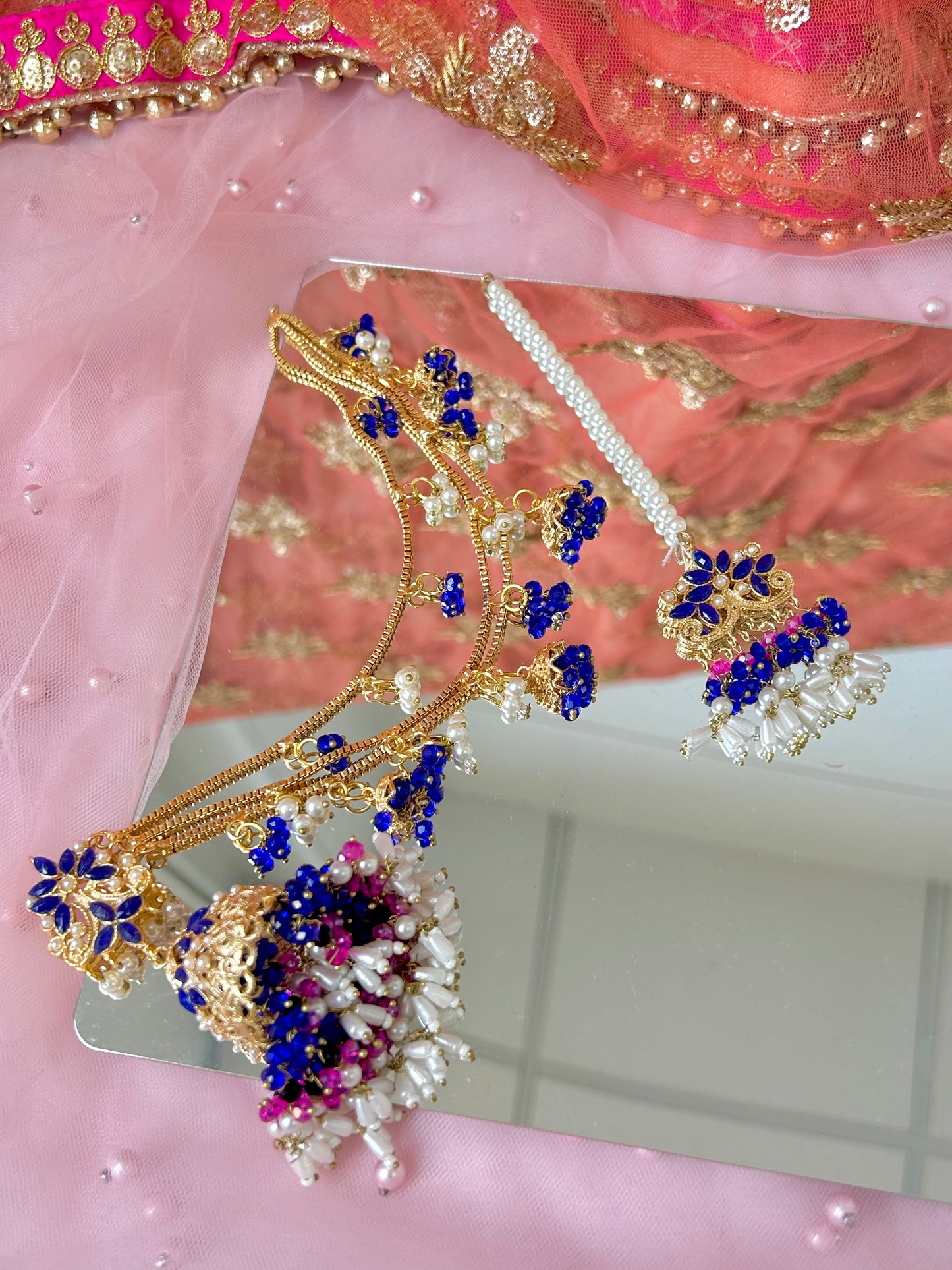 Qudsia earring & tikka set ~Royal Blue & Pink