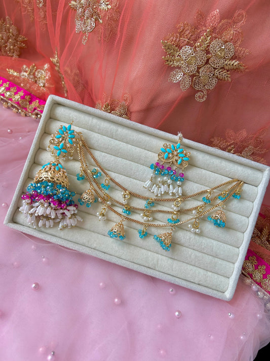 Qudsia earring & tikka set ~Ferozi & Fuschia