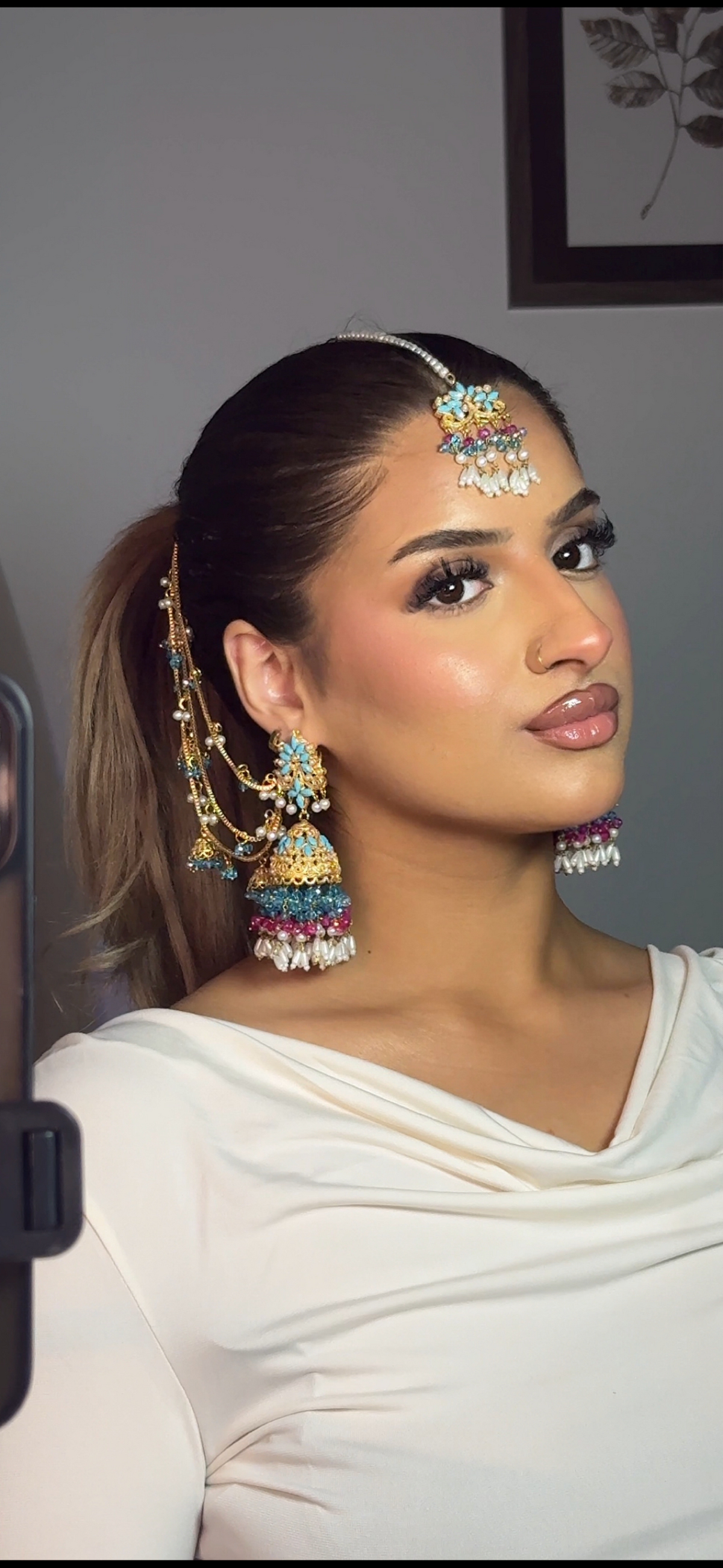 Qudsia earring & tikka set ~Ferozi & Fuschia