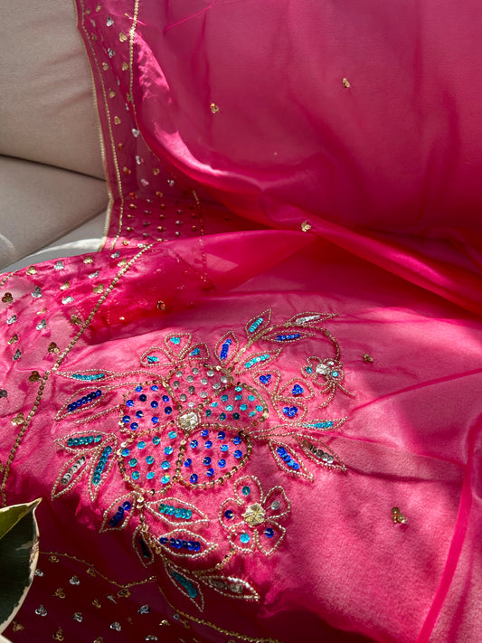 Jasleen Organza Dupatta ~ Hot Pink