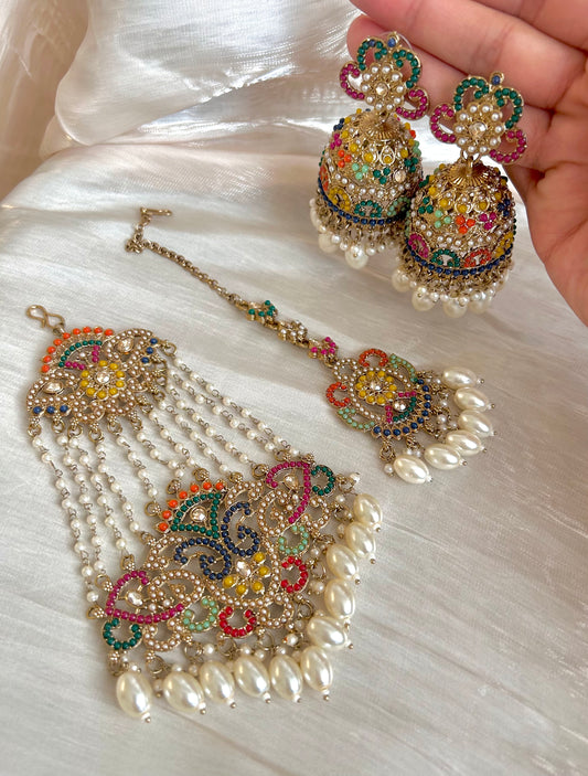 Afroza jhumar set ~ Pearl Multi