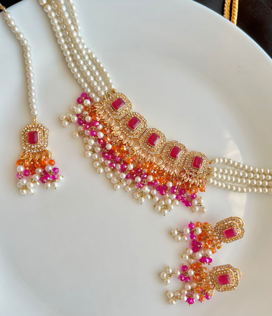 Minahil jewellery set - Pink & Orange
