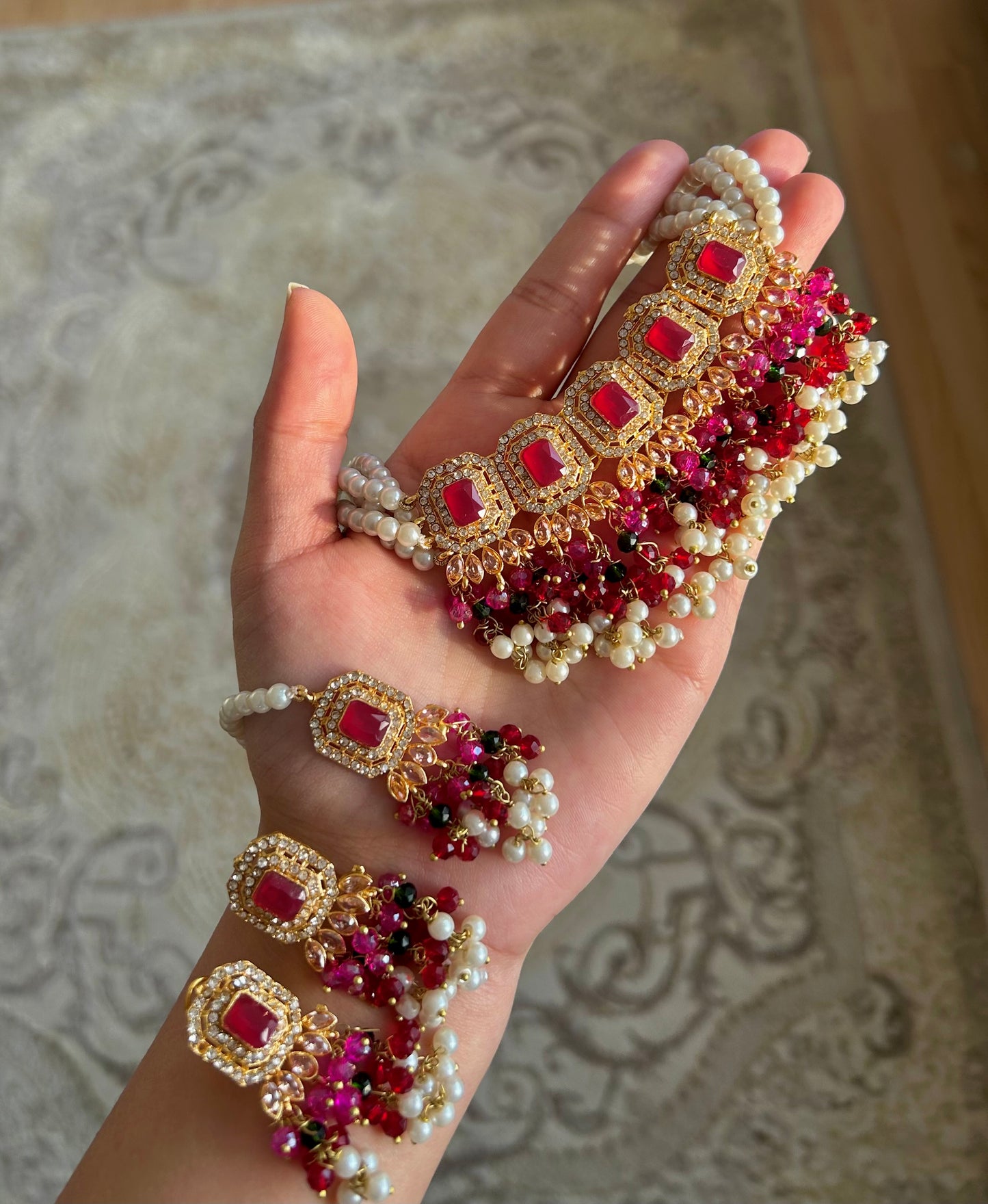 Minahil jewellery set - Dark Pink , Green & Red