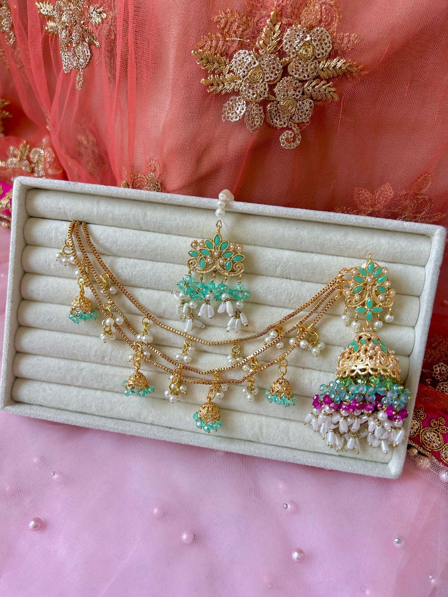 Qudsia earring & tikka set ~Mint & Fuschia