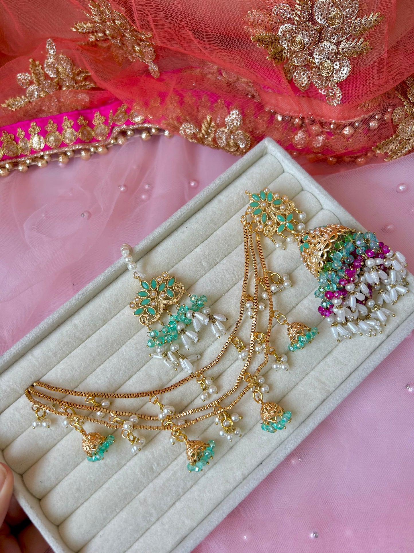 Qudsia earring & tikka set ~Mint & Fuschia