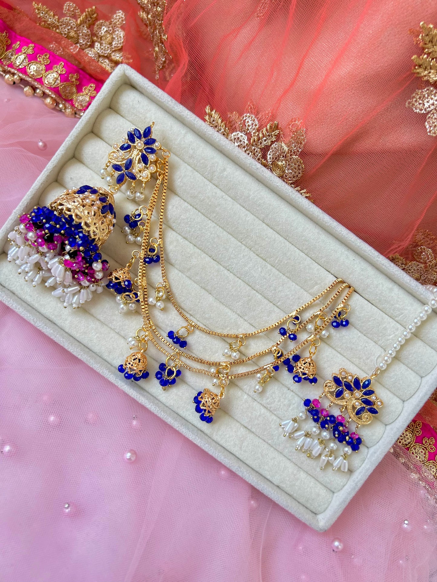 Qudsia earring & tikka set ~Royal Blue & Pink