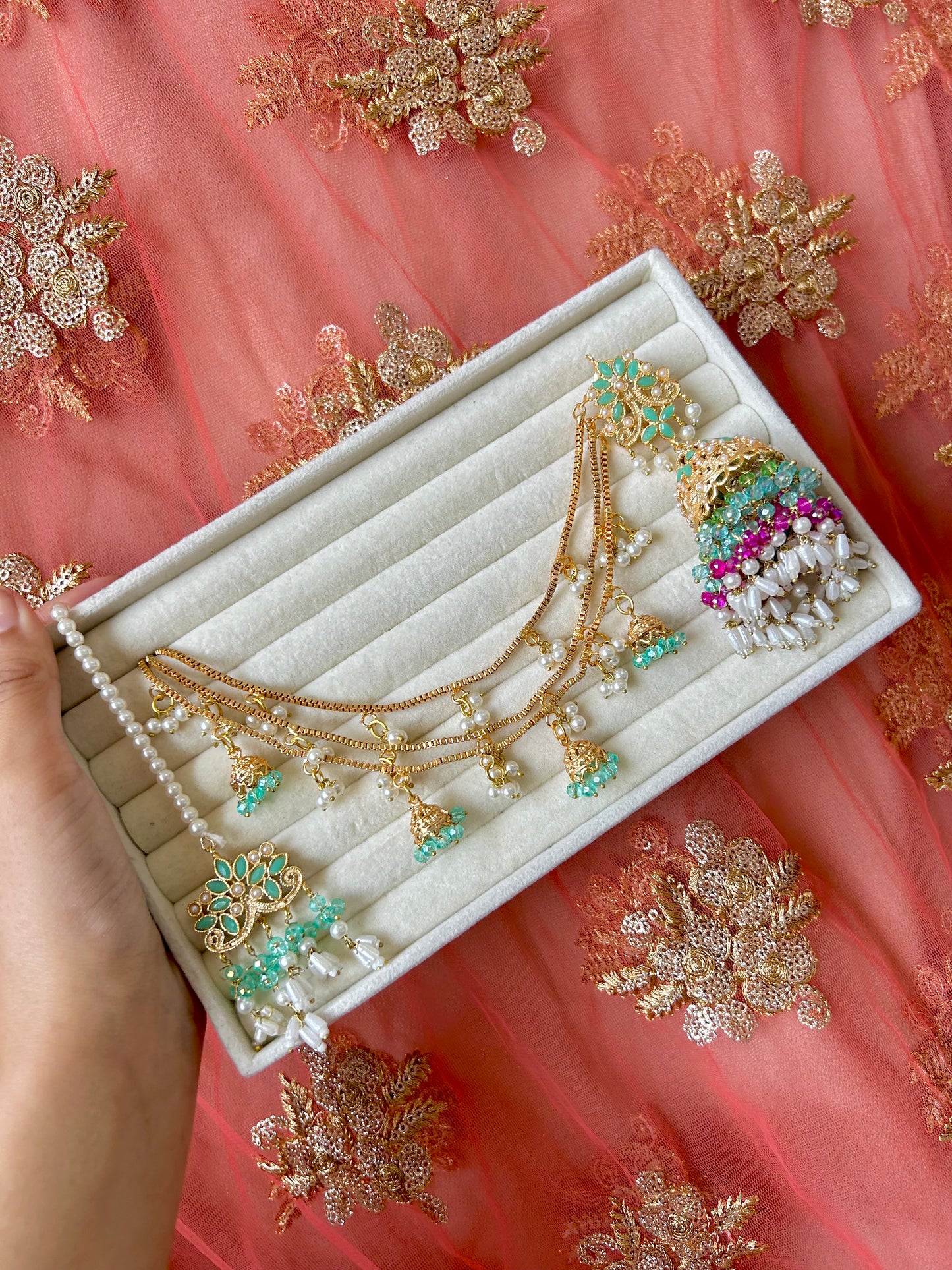 Qudsia earring & tikka set ~Mint & Fuschia